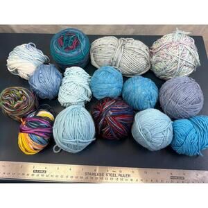 Lot Of 15 Balls Yarn Unbranded Various Fibers Mostly Blues